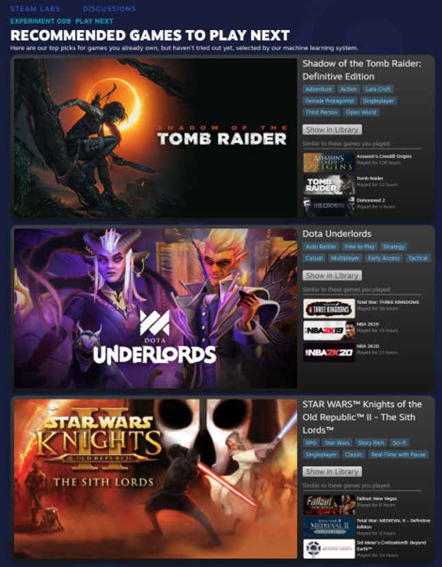 Imagen para el artículo titulado ¿No sabes a qué jugar? Steam ahora te ayudará a elegir entre los títulos que ya tienes en tu biblioteca