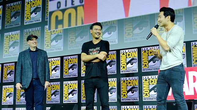 Marvel Studios head Kevin Feige, Shang Chi director Destin Daniel Cretton, and Simu Liu 