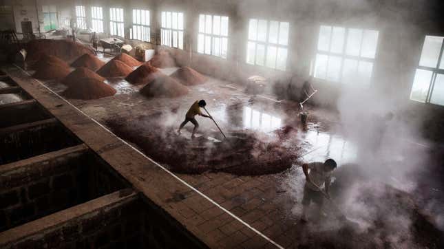 Workers spread sorghum as it is prepared for the first fermentation to be used in baijiu at the Maopu Health Liquor Co. Distillery in Guizhou province, China.