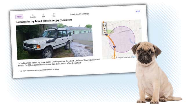 Image for article titled Someone On Craigslist Wants To Trade Their Land Rover For A Puppy