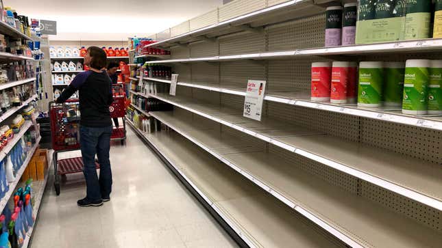 Shelves where disinfectant wipes are usually displayed at a Target store on March 2, 2020 in Novato, California in the Bay Area.