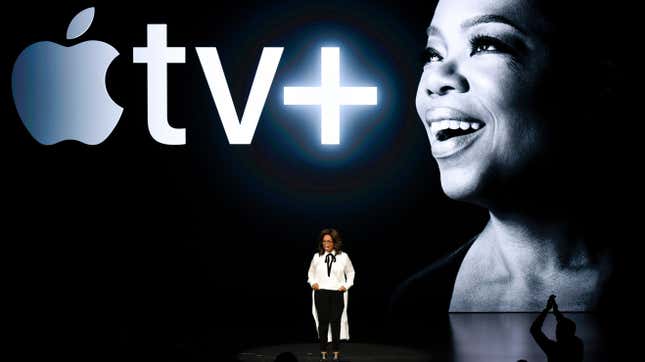 Oprah Winfrey speaks during an Apple product launch event at the Steve Jobs Theater at Apple Park on March 25, 2019 in Cupertino, California.