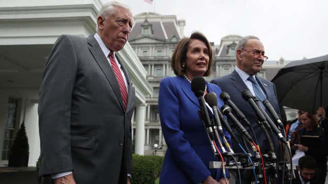 House Speaker Nancy Pelosi (center) is flanked by Senate Minority Leader Chuck Schumer (right) and House Majority Leader Steny Hoyer talk to the media outside the White House after a meeting with Donald Trump Oct. 16, 2019.