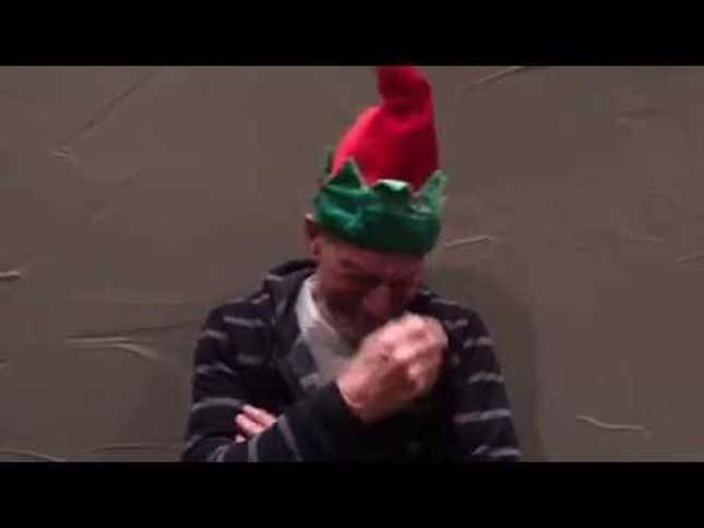 Patrick Stewart Looks Delighted To Be In This Light-Up Dancing Elf Hat