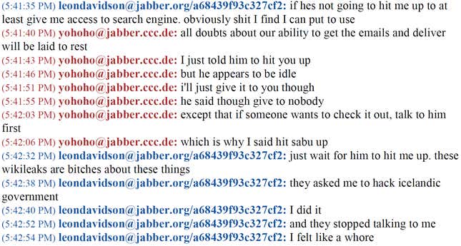 Hammond (yohoho) and Monsegur (leondavidson) discussing contact with WikiLeaks on January 12, 2012, two months before Hammond was arrested.