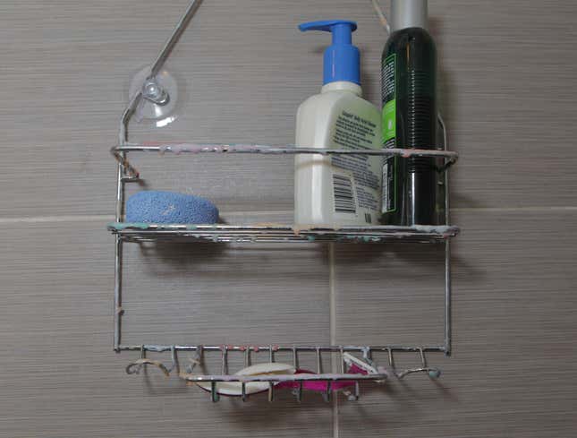 Image for article titled Shower Caddy Coated In Dazzling Multicolor Array Of Various Soap Films