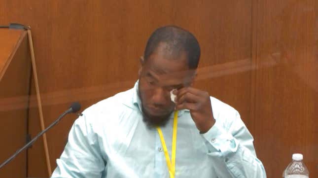 In this image from video, witness Donald Williams wipes his eyes as he answers questions, as Hennepin County Judge Peter Cahill presides Tuesday, March 30, 2021, in the trial of former Minneapolis police officer Derek Chauvin at the Hennepin County Courthouse in Minneapolis, Minn. 