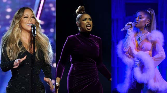 Mariah Carey performs during the 2019 Billboard Music Awards on May 1, 2019; Jennifer Hudson performs a tribute to Kobe Bryant before the 69th NBA All-Star Game on February 16, 2020; Ariana Grande performs onstage during the 62nd Annual GRAMMY Awards on January 26, 2020.