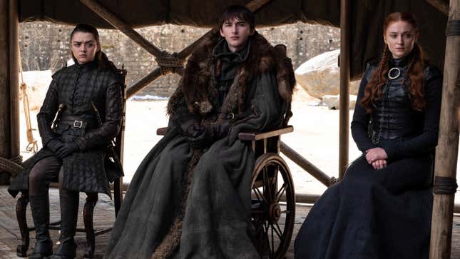 Season 8, episode 6 / series finale (debut 5/19/19) of Game of Thrones; (l-r): Maisie Williams, Isaac Hempstead Wright, Sophie Turner.