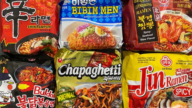 Array of Korean noodle product packages, such as Chapaghetti and Jin Ramen
