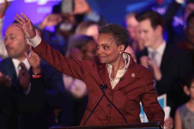 Lori Lightfoot delivers a victory speech after defeating Cook County Board President Toni Preckwinkle to become the next mayor of Chicago on April 02, 2019 in Chicago, Illinois. Lightfoot will become the first black female mayor of the city and its first openly gay mayor.