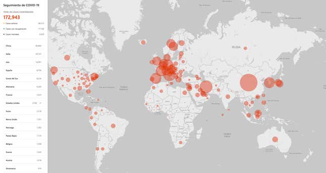 Imagen para el artículo titulado Microsoft publica un útil mapa interactivo para seguir los casos de Coronavirus por todo el mundo en tiempo real