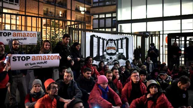 Black Friday protesters in front of Amazon’s France headquarters in Clichy