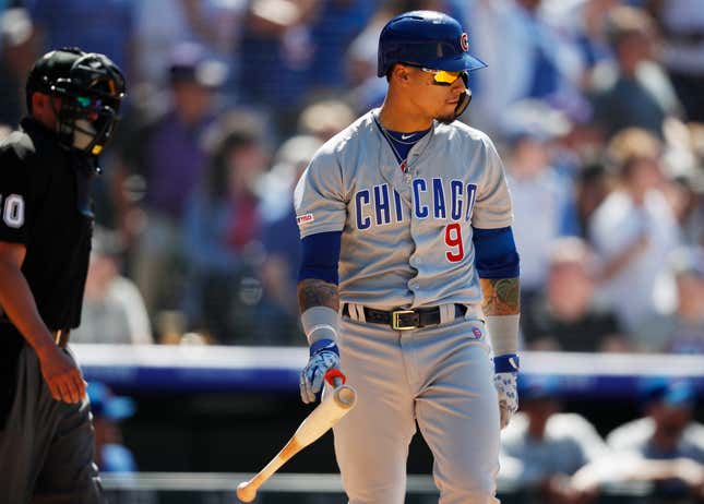 Milwaukee, WI, USA. 6th Apr, 2018. Chicago Cubs second baseman Javier Baez  #9 is congratulated after scoring on a triple and a throwing error in the  5th inning of the Major League