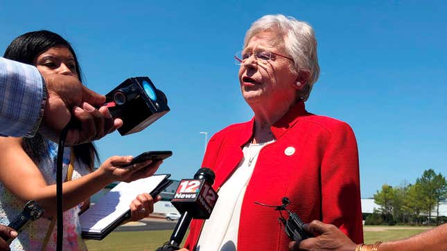 Alabama Gov. Kay Ivey discussing a bill that would virtually outlaw abortion in her state on May 15, 2019, a bill she eventually signed into law. Now, she is apologizing after audio has surfaced recounting her having worn blackface while a college student in the 1960s.