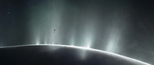Artist’s depiction of the Cassini probe traveling through the geysers shooting up from Enceladus.