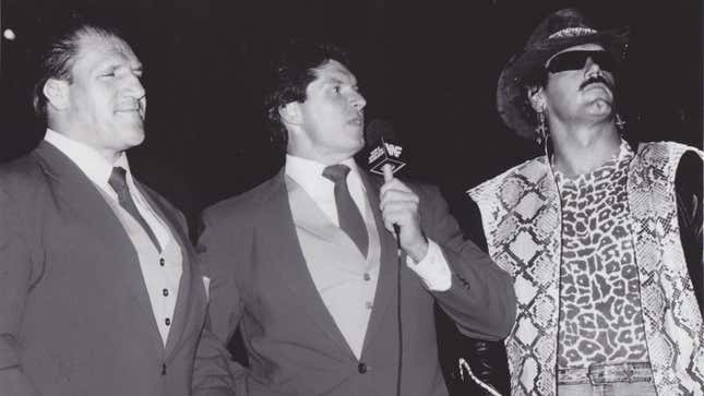 Bruno Sammartino, Vince McMahon, &amp; Jesse Ventura as the Superstars of Wrestling broadcast team in a 1987 promotional photo.