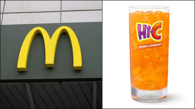 Left: McDonald's sign. Right: product shot of Hi-C