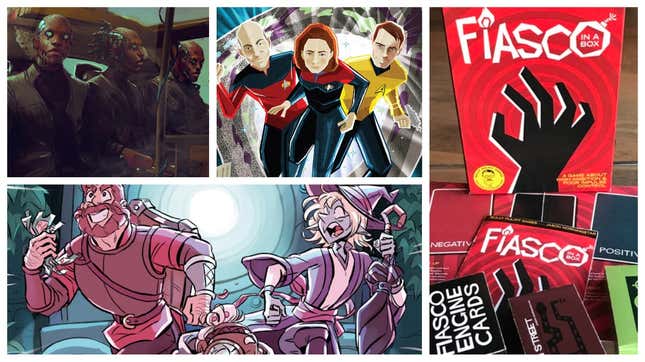 Clockwise from left: Cyberpunk 2077—Afterlife: The Card Game, Star Trek Chrono-Trek, Fiasco, and The Adventure Zone graphic novel. 