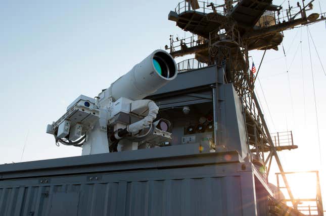 The LaWS laser weapon aboard USS Ponce, Arabian Gulf, 2014. 