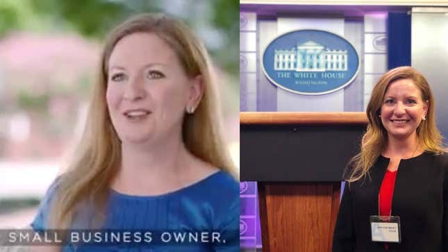 Kim Sherk, president of the Georgia Federation of Republican Women, identified only as a “small business owner” in a new Trump ad (left) and Sherk at the White House in an undated photo.