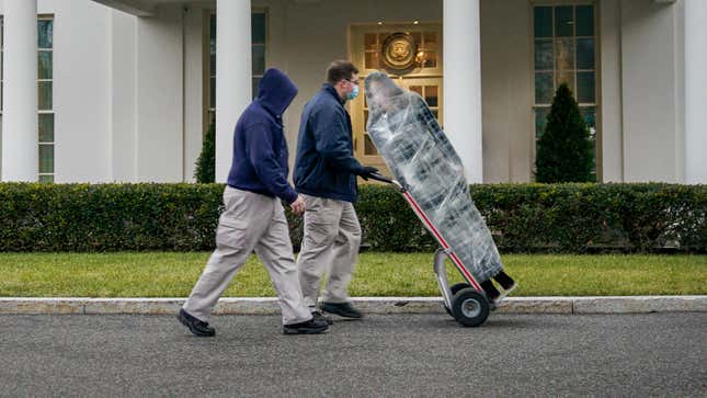 Image for article titled Trump Directs Movers Loading Bubble-Wrapped Melania Into Storage Pod