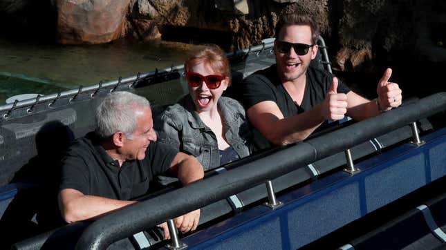The stars of Jurassic World, Chris Pratt and Bryce Dallas Howard, at the opening of Jurassic World: The Ride.