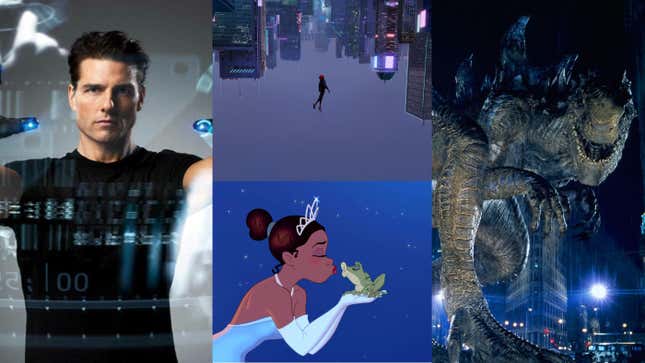 Clockwise from left: Minority Report, Spider-Man: Into the Spider-Verse, Godzilla (1998), and The Princess and the Frog. 