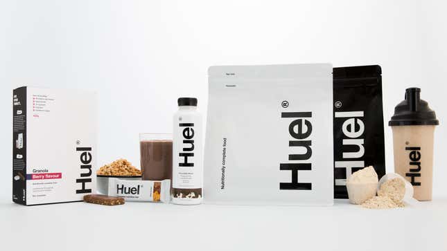 Product shot of various Huel products: powders, protein bars, etc. [image provided by Huel]