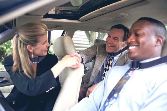 Passengers in a '97 Chrysler LeBaron wear neckbelts, which were recalled Monday for causing explosive decapitations, launching victims' severed heads through windshields at upwards of 200 mph.