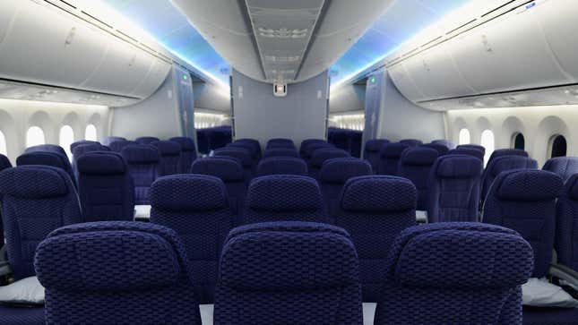 The Economy class with LED cabin lighting is seen on the United Airlines Boeing 787 Dreamliner at Los Angeles International Airport on November 30, 2012 in Los Angeles, California.