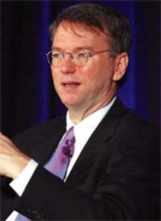 CEO Eric Schmidt speaks at Google's California headquarters (below).