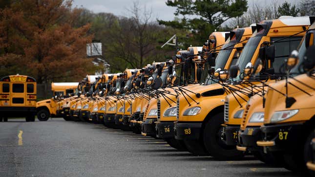 School buses parked at the Arlington County Bus Depot in Virginia. 