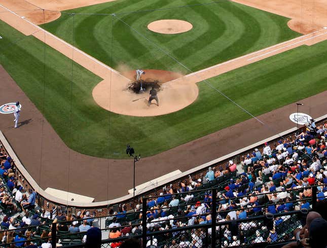 Image for article titled Wrigley Field Home Plate Collapses Under Weight Of Numerous Cubs Celebrating Home Run