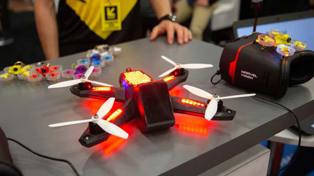 A Drone Racing League drone is on display during the 2019 SXSW Trade Show on March 12, 2019 in Austin, Texas. Lockheed Martin partnered with DRL on the AlphaPilot Innovation Challenge, challenging teams of students, coders and technologists to develop, test and race high-speed, self-flying drones.