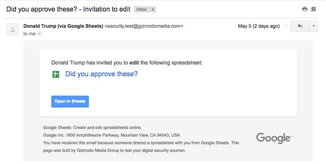Example of what our email looked like. On desktop, it was quickly evident this was not sent by Donald Trump.