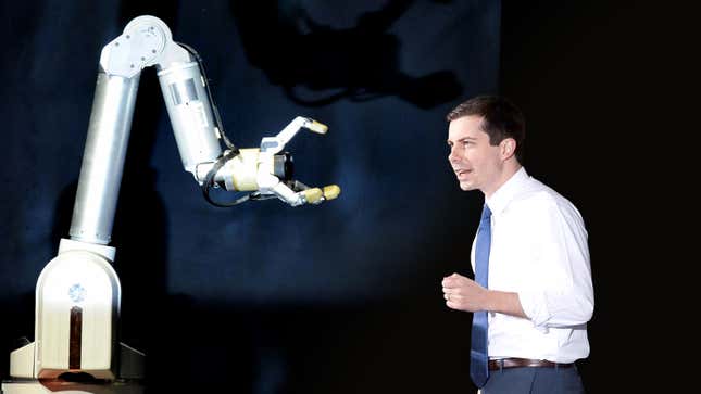 Image for article titled Pete Buttigieg Stuns Campaign Crowd By Speaking To Manufacturing Robots In Fluent Binary