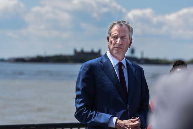 Mayor of New York City Bill de Blasio speaks to members of the media on May 16, 2019 in New York City. The Mayor addressed his presidential aspirations and the green new deal. 