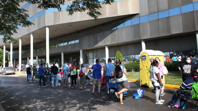 People wait in line for help with their unemployment claims in Kentucky on June 19.