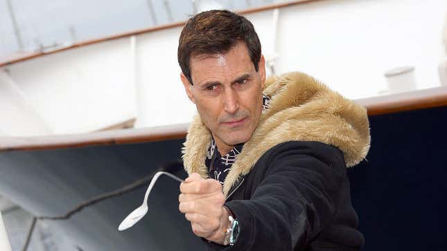 Israeli-British performer Uri Geller, who plays in the TV show “Staya Erusa”, poses, on April 8, 2008, during the 45th edition of the MIPTV, the world’s audiovisual and digital content market, in Cannes, southern France. 