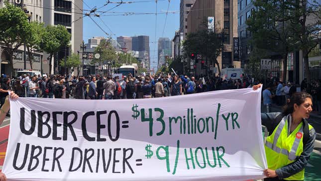 Protesters take over Market Street to demonstrate in front of Uber’s San Francisco headquarters.