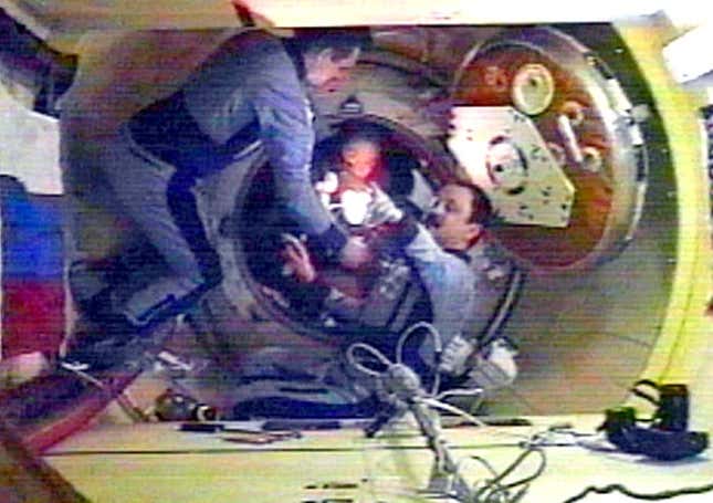 Scientists scramble to repair a gaping hole in the Mir space station's exterior hull. The large rupture is part of a joint U.S.-Russian effort to learn more about spaceborne panic.