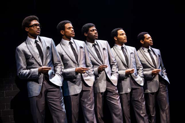 Ephraim Sykes, Jeremy Pope, Jawan M. Jackson, James Harkness, and Derrick Baskin in “Ain’t Too Proud to Beg: The Life and TImes of the Temptations”