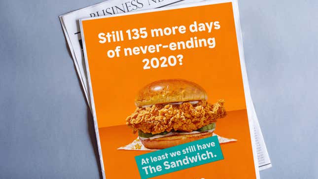 A full-page ad for Popeyes’ “At least we still have The Sandwich” campaign