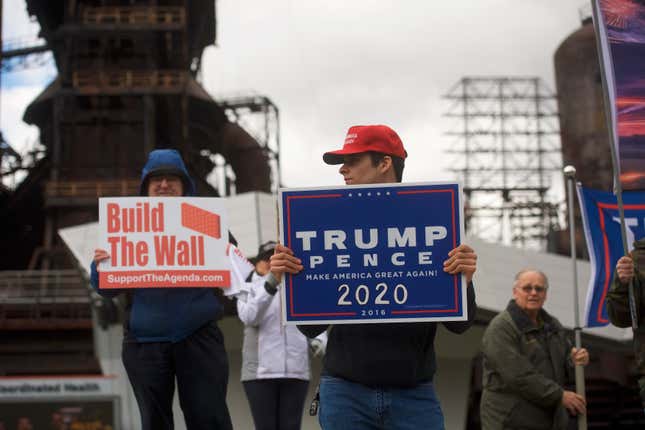 Ross Saveri, 22, joins fellow Donald Trump supporters demonstrating outside of a Fox News Town Hall with Democratic presidential candidate Sen. Bernie Sanders (I-VT) at SteelStacks on April 15, 2019 in Bethlehem, Pennsylvania.