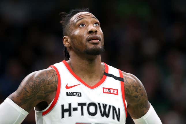 Robert Covington #33 of the Houston Rockets looks on during the second half of the game against the Boston Celtics at TD Garden on February 29, 2020 in Boston, Massachusetts. The Rockets defeat the Celtics 111-110 in overtime.