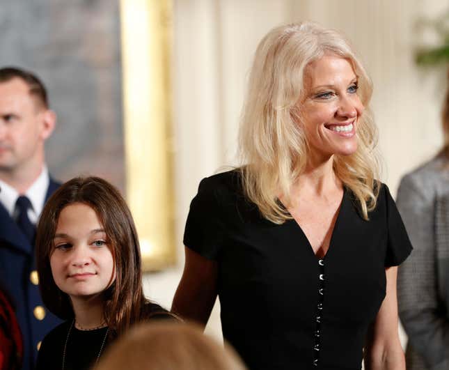 Kellyanne Conway and her daughter Claudia take their seats at the Women’s Empowerment Panel, Wednesday, March 29, 2017, at the White House.