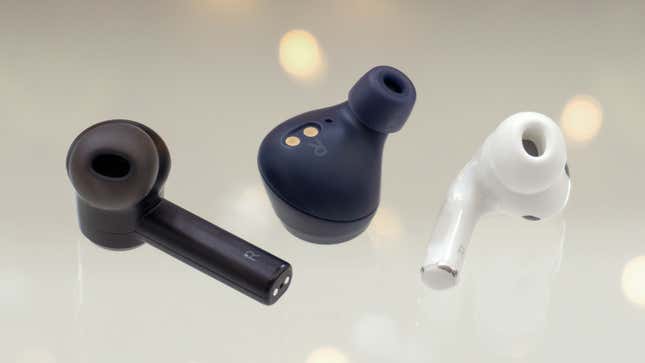 Razer’s new Hammerhead True Wireless Pro (left) feature a design similar to the AirPods Pro (right) but a little larger to make room for impressive-sounding 10-millimeter drivers. Aside from the stem, they also don’t stick out of your ears like the excellent Jabra Elite Active 75t (center) tend to.