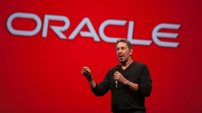 Larry Ellison delivers a keynote address during the 2014 Oracle Open World conference on September 28, 2014 in San Francisco, California.