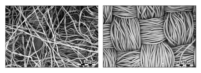 This image shows top-down views of cotton flannel (left) and polyester (right). 